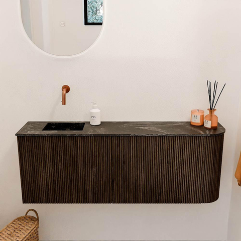 Mondiaz JOYA-DLUX Meuble de salle de bains 111.6cm - arrondi droit couleur Walnut - Vasque FAYE position Gauche Sans trou de robinet couleur Lava SW1422492