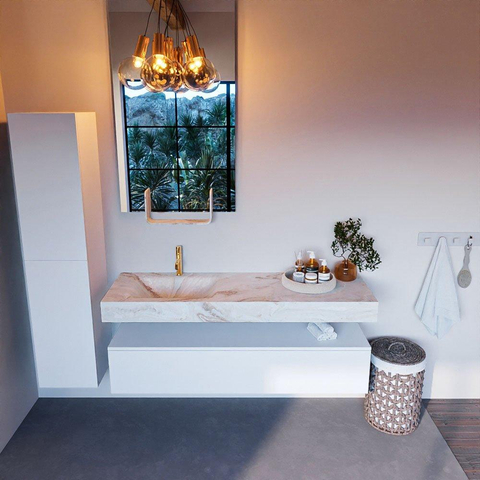 Mondiaz ALAN-DLUX Ensemble de meuble - 150cm - meuble Talc mat - 1 tiroir - Lavabo Cloud Frappe suspendu - vasque Gauche - 1 trou de robinet SW804673