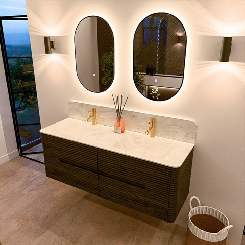 Mondiaz CIRO-DLUX Meuble de salle de bains - 140x45x50cm - Plan vasque solid surface Opalo - 2 vasques double - 2 perçages de robinet - 4 tiroirs - Shadow SW1532406