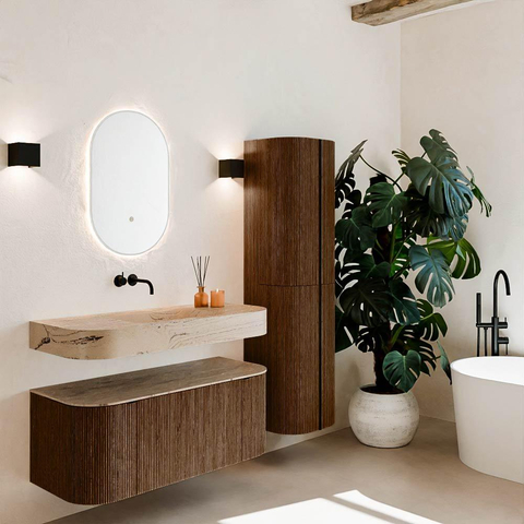 MONDIAZ THOR-DLUX 110cm badmeubel ronding links + rechts kleur Walnut met 1 lade en 2 deuren. Vrijhangende wastafel CLOUD Midden zonder kraangat kleur Arena. SW1462713