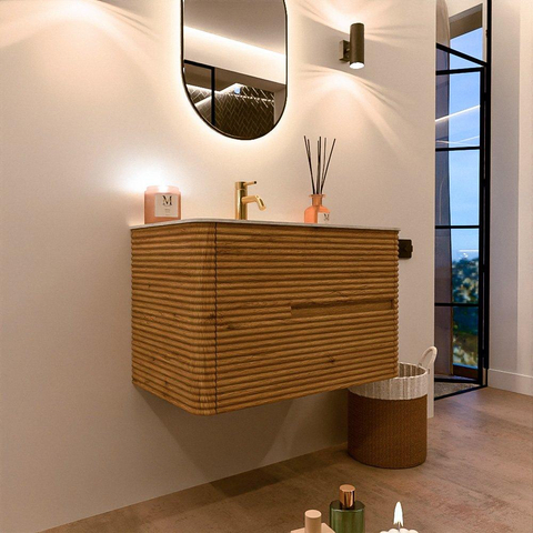 Mondiaz CIRO-DLUX Badkamermeubelset - 80x45x50cm - Solid surface wastafel Opalo - 1 wasbak Midden - 1 kraangat - 2 lades - Oak SW1530980