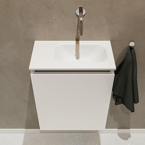MONDIAZ TURE Fonteinset - 40x23x50cm - 0 kraangaten - 1 deur - linen mat - Wasbak rechts - Solid Surface Wit SW475068