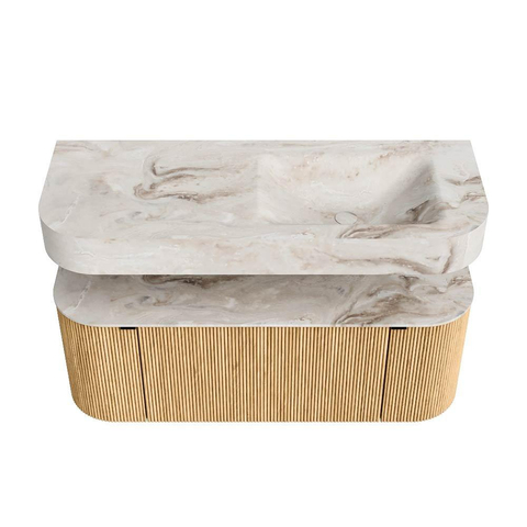 MONDIAZ THOR-DLUX Meuble de salle de bains 120cm arrondi gauche + droite couleur Oak avec 1 tiroir et 2 portes. Vasque suspendue CLOUD Droite 1 trou de robinet couleur Frappe. SW1463060