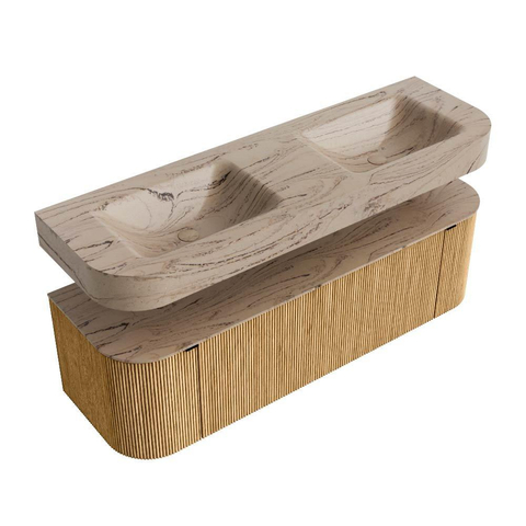 MONDIAZ THOR-DLUX 150cm badmeubel ronding links + rechts kleur Oak met 1 lade en 2 deuren. Vrijhangende wastafel CLOUD Dubbel 2 kraangaten kleur Arena. SW1464725
