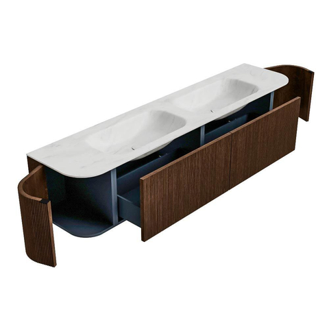 MONDIAZ KURVE-DLUX meuble de salle de bains 200cm avec module 25 Len R couleur Walnut avec 2 tiroirs et 2 portes. Lavabo STOR SMALL double sans trou de robinet couleur Opalo. SW1137675