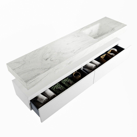 Mondiaz ALAN-DLUX Ensemble de meuble - 200cm - meuble Talc mat - 2 tiroirs - Lavabo Cloud Opalo suspendu - vasque Droite - 1 trou de robinet SW806412
