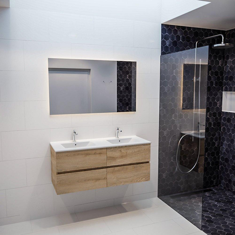MONDIAZ VICA Ensemble de meuble salle de bain - 120cm - 4 tiroirs - lavabo Denia double 2 trous de robinet - céramique - chêne blanchi SW410006