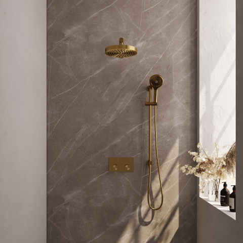 BRAUER Stripe Thermostatische Inbouw Regendouche - drukknoppen - 25cm douchekop - rechte muurarm - 3-standen handdouche - doucheslang - geïntegreerde glijstang - goud geborsteld PVD SW1435201