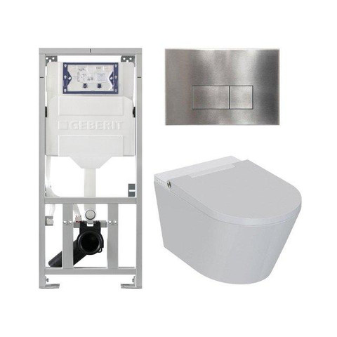 QeramiQ Luma Set WC-douche - Réservoir encastré Geberit UP320 - avec bâti-support Burda - sèche-cheveux - douchette féminine - plaque de commande en inox - boutons rectangulaires - blanc brillant SW1472008