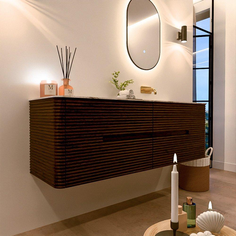 Mondiaz CIRO-DLUX Ensemble de meubles de salle de bains - 150x45x50cm - Plan vasque solid surface Glace - 1 lavabo à droite - sans trous de robinet - 4 tiroirs - Noyer SW1530272