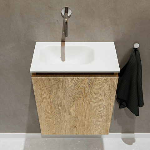 MONDIAZ TURE Kit lave-mains - 40x23x50cm - 0 trous de robinet - 1 porte - chêne blanchi mat - Lavabo à gauche - Solid Surface Blanc SW475122