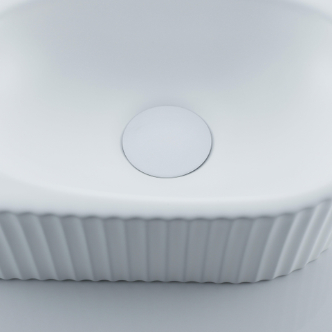 QeramiQ Fuente Ensemble de Lavabo - 40x21.5x12cm - gauche - strié - demi-rond - 1 trou de robinet - céramique - ensemble de robinet blanc mat - bouchon de vidange - siphon abaissé - blanc mat SW1233008
