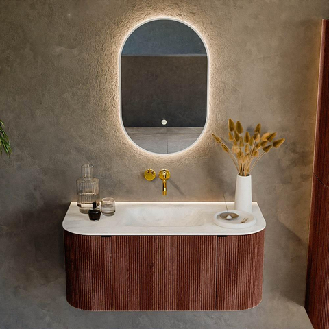 Mondiaz KURVE-DLUX Ensemble de meuble de salle de bains - 100x46x40cm - 1 tiroir - 2 portes - lavabo solid surface - central - sans trou de robinet - Ruby SW1416121