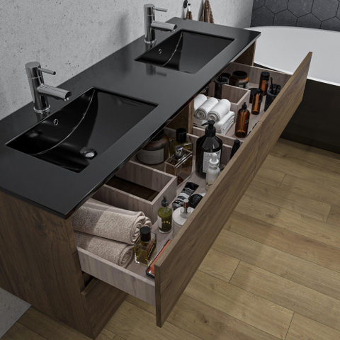 Saniclass Chaci Meuble de salle de bain - 140x46x55cm - lavabo en céramique noir - 2 vasques - 2 trous de robinet - 4 tiroirs - noyer SW1171461