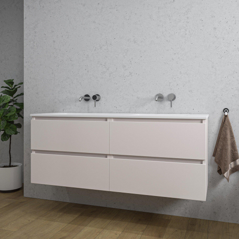 Saniclass Chaci Meuble de salle de bain - 140x45x55cm - lavabo en céramique brillant blanc - 2 vasques - sans trou de robinet - 4 tiroirs - mat cotton SW1182427