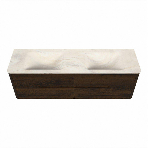 Mondiaz CIRO-DLUX Badkamermeubelset - 160x45x50cm - Solid surface wastafel Ostra - 2 wasbak Dubbel - 2 kraangaten - 4 lades - Walnut SW1530409