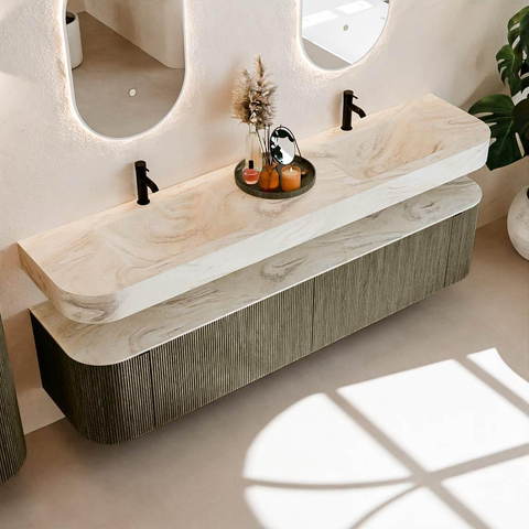 MONDIAZ THOR-DLUX 200cm meuble de salle de bains arrondi gauche + droite couleur Shadow avec 2 tiroirs et 2 portes. Vasque suspendue CLOUD Double 2 trous de robinet couleur Ostra. SW1467051