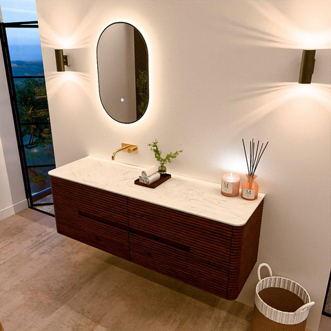 Mondiaz CIRO-DLUX Ensemble de meubles de salle de bains - 150x45x50cm - plan-vasque solid surface Opalo - 1 vasque à gauche - sans trous de robinet - 4 tiroirs - Ruby SW1531506