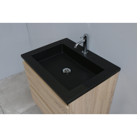Basic Bella Meuble salle de bains avec lavabo acrylique Noir 60x55x46cm 1 trou de robinet Chêne SW491713