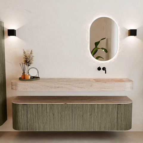 MONDIAZ THOR-DLUX 180cm meuble de salle de bains arrondi gauche + droite couleur Shadow avec 2 tiroirs et 2 portes. Vasque suspendue CLOUD droite sans trou de robinet couleur Saba. SW1466248