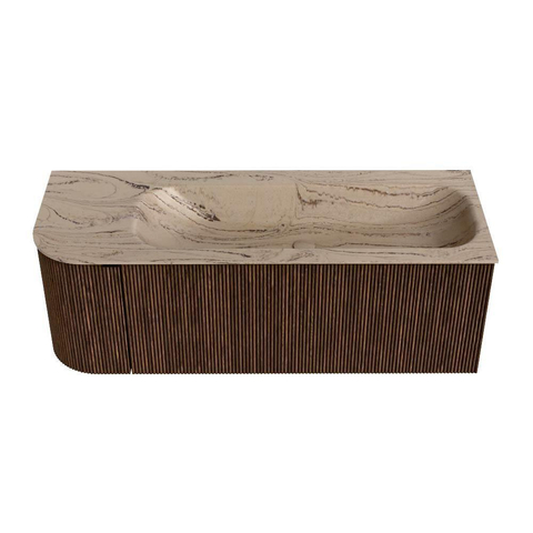 MONDIAZ KURVE-DLUX 125cm badmeubel ronding Links kleur Walnut met 1 lade en 1 deur. Wastafel BIG MEDIUM Rechts zonder kraangat Arena. SW1431203