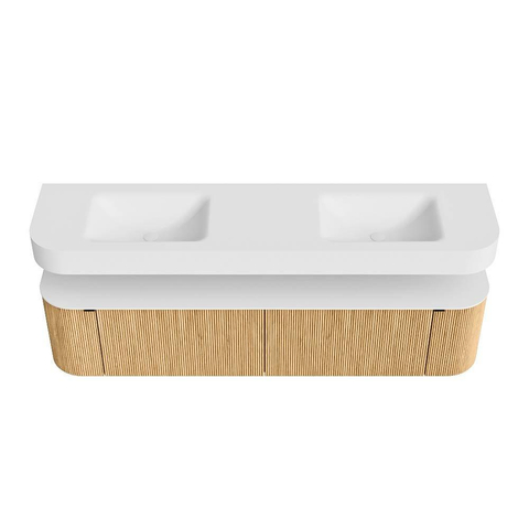 MONDIAZ THOR 190cm meuble de salle de bains arrondi gauche + droite couleur Oak avec 2 tiroirs et 2 portes. Vasque suspendue CLOUD Double sans trou de robinet couleur Talc. SW1466340