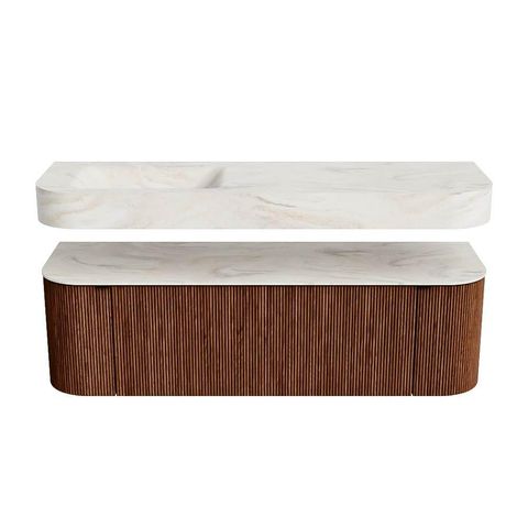 MONDIAZ THOR-DLUX 150cm meuble de salle de bains arrondi gauche + droite couleur Ruby avec 1 tiroir et 2 portes. Vasque suspendue CLOUD Gauche 1 trou de robinet couleur Ostra. SW1464504