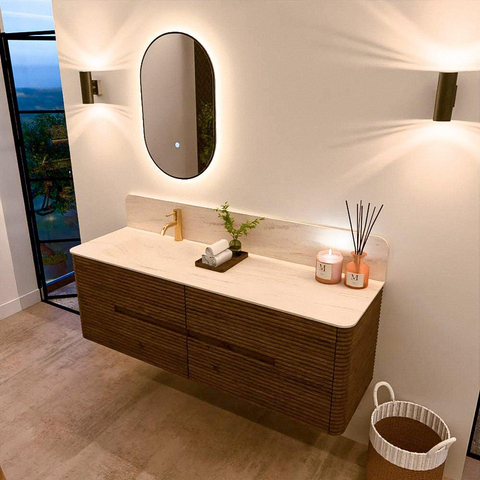 Mondiaz CIRO-DLUX Badkamermeubelset - 150x45x50cm - Solid surface wastafel Meli - 1 wasbak Links - 1 kraangat - 4 lades - Dusk SW1533165