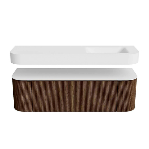 MONDIAZ THOR 150cm badmeubel ronding links + rechts kleur Walnut met 1 lade en 2 deuren. Vrijhangende wastafel CLOUD Rechts zonder kraangat kleur Talc. SW1464609