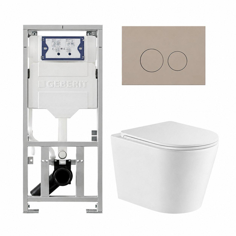 QeramiQ Dely Toiletset - 36.3x51.7cm - diepspoel - rimless - Geberit UP320 inbouwreservoir - met Burda frame - softclose toiletzitting - bedieningsplaat taupe - ronde knoppen - mat wit SW1164318