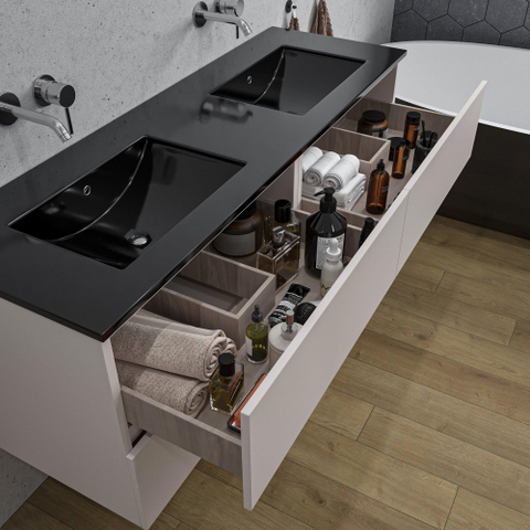 Saniclass Chaci Meuble de salle de bain - 140x46x55cm - lavabo en céramique noir - 2 vasques - sans trous de robinet - 4 tiroirs - mat cotton (beige) SW1182429