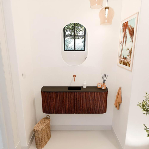 Mondiaz JOYA Meuble de salle de bains 113.2cm - arrondis gauche et droite couleur Ruby - Vasque FAYE position Milieu Sans trou de robinet couleur Urban SW1421849