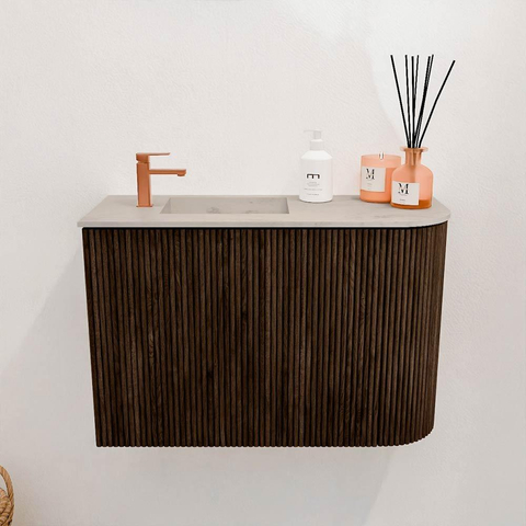 Mondiaz JOYA-DLUX Meuble de salle de bains 61.6cm - arrondi droite couleur Walnut - Vasque FAYE position Gauche 1 trou de robinet couleur Opalo. SW1422545