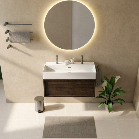 Saniclass Holz Frame Ensemble de meubles de salle de bains - 100x45x52cm - Vasque Legend en céramique blanche - 1 vasque - 2 trous de robinetterie - 1 tiroir - chêne charcoal mat (bois) SW1478500
