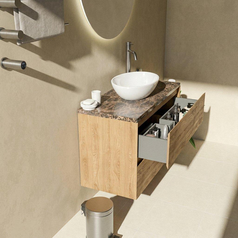 Saniclass Holz Pure Badkamermeubelset - 100x45x63cm - Noche natuurstenen topblad dark emperador - 1 kraangat - 2 lades - mat eiken natural (hout) SW1478291