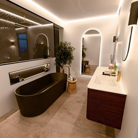 Mondiaz CIRO-DLUX Badkamermeubelset - 160x45x50cm - Solid surface wastafel Opalo - 1 wasbak Rechts - 1 kraangat - 4 lades - Ruby SW1531518