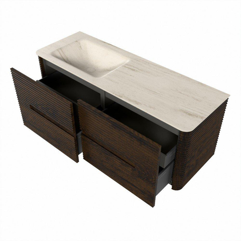 Mondiaz CIRO-DLUX Badkamermeubelset - 130x45x50cm - Solid surface wastafel Meli - 1 wasbak Links - 1 kraangat - 4 lades - Walnut SW1530481
