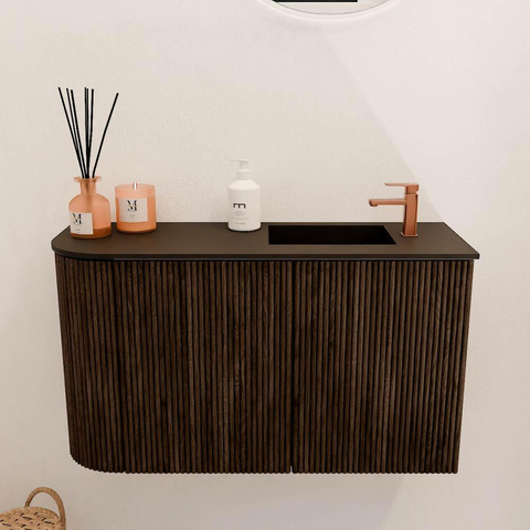 Mondiaz JOYA 71.6cm meuble de salle de bains - arrondi gauche couleur Walnut - Vasque FAYE position Droite 1 trou de robinet couleur Urban. SW1421398