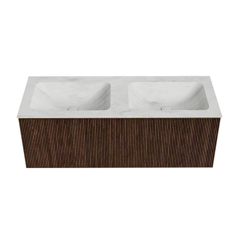 MONDIAZ KURVE-DLUX Meuble de salle de bains 120 cm couleur Walnut avec 1 tiroir. Lavabo LEAF double sans trou de robinet couleur Opalo. SW1137658