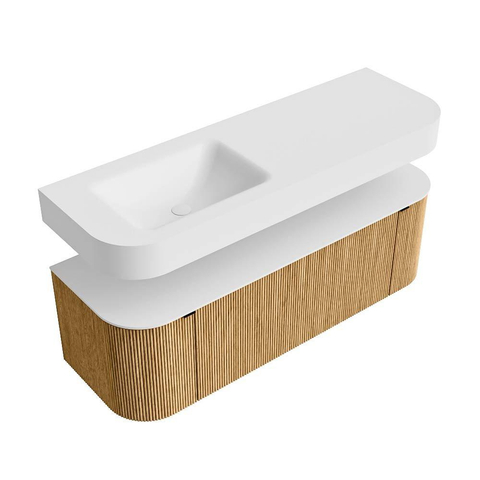MONDIAZ THOR 140cm meuble de salle de bains arrondi gauche + droite couleur Oak avec 1 tiroir et 2 portes. Vasque suspendue CLOUD gauche 1 trou de robinet couleur Talc. SW1463897