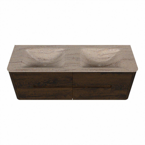 Mondiaz CIRO-DLUX Badkamermeubelset - 140x45x50cm - Solid surface wastafel Saba - 2 wasbak Dubbel - zonder kraangaten - 4 lades - Walnut SW1533780