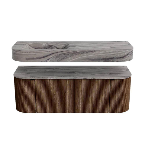 MONDIAZ THOR-DLUX 130cm badmeubel ronding links + rechts kleur Walnut met 1 lade en 2 deuren. Vrijhangende wastafel CLOUD Links 1 kraangat kleur Sombra. SW1464051