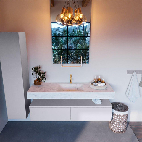 Mondiaz ALAN-DLUX Ensemble de meuble - 150cm - meuble Cale mat - 2 tiroirs - Lavabo Cloud Opalo suspendu - vasque Centre - 1 trou de robinet SW806605