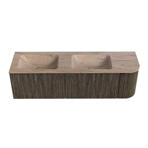 MONDIAZ KURVE-DLUX Meuble de salle de bains 155cm arrondi à droite couleur Shadow avec 2 tiroirs et 1 porte. Lavabo LEAF Double / Gauche sans trou de robinet Saba. SW1433285