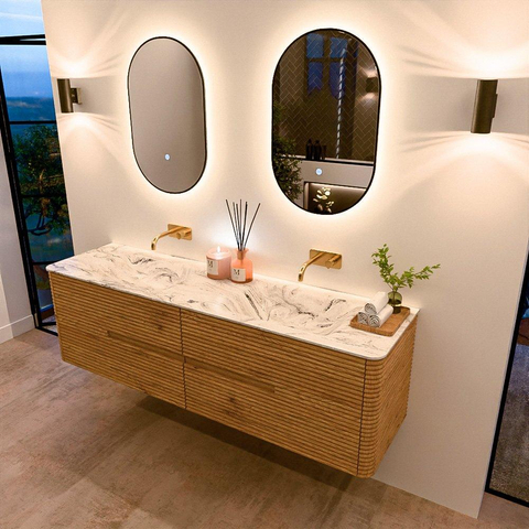 Mondiaz CIRO-DLUX Meuble de salle de bains - 170x45x50cm - Plan-vasque Solid surface Glace - 2 vasques Double - sans trous de robinet - 4 tiroirs - Chêne SW1533781