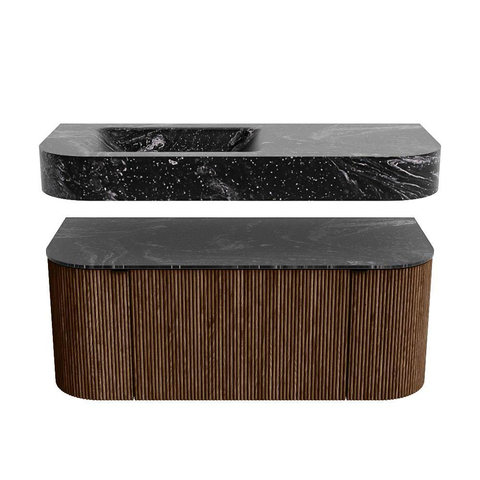 MONDIAZ THOR-DLUX 110cm badmeubel ronding links + rechts kleur Walnut met 1 lade en 2 deuren. Vrijhangende wastafel CLOUD Links zonder kraangat kleur Lava. SW1462767