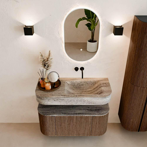 MONDIAZ THOR-DLUX Meuble de salle de bains - 100cm - arrondi gauche + droite - couleur Walnut - 1 tiroir et 2 portes - Vasque suspendue CLOUD Droite sans trou de robinet - couleur Oza SW1467576