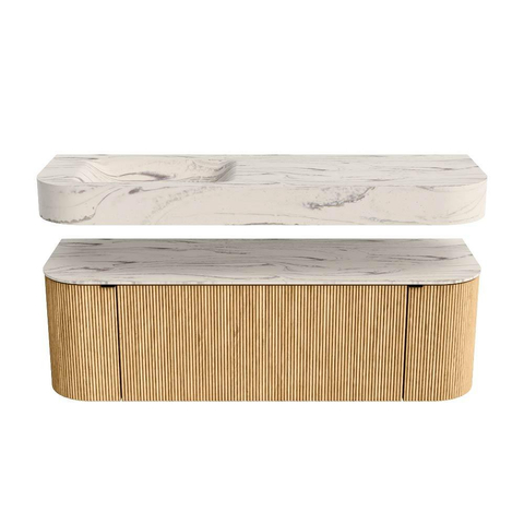 MONDIAZ THOR-DLUX 140cm meuble de salle de bains arrondi gauche + droite couleur Oak avec 1 tiroir et 2 portes. Vasque suspendue CLOUD gauche sans trou de robinet couleur Nata. SW1464411