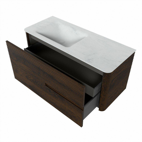 Mondiaz CIRO-DLUX Ensemble de meubles de salle de bains - 110x45x50cm - vasque solid surface Opalo - 1 lavabo à gauche - sans trous de robinet - 2 tiroirs - Noyer SW1530235