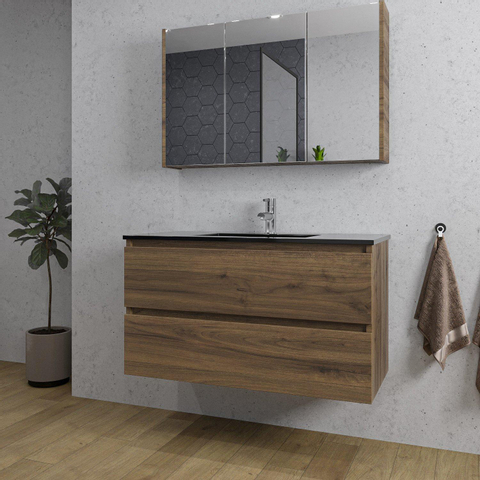Saniclass Chaci Meuble de salle de bain - 100x46x55cm - lavabo en céramique noir - 1 vasque - 1 trou de robinet - 2 tiroirs - armoire miroir - noyer (hout) SW856565